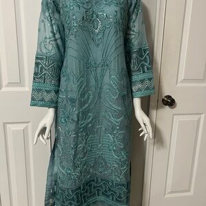 Elegant Teal Embroidered Dress